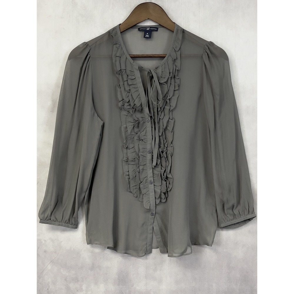 GAP Ruffle Front Sheer Top Women Medium Gray Flowy Romantic Victorian Whimsigoth